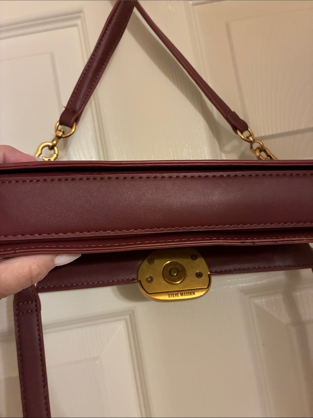 Steve Madden Burgundy Leather Crossbody Satchel with Gold Accent - Picture 5 of 5